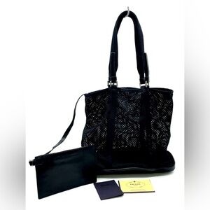 Authentic Prada Leather Mesh Black Handbag W/Card/Pouch
